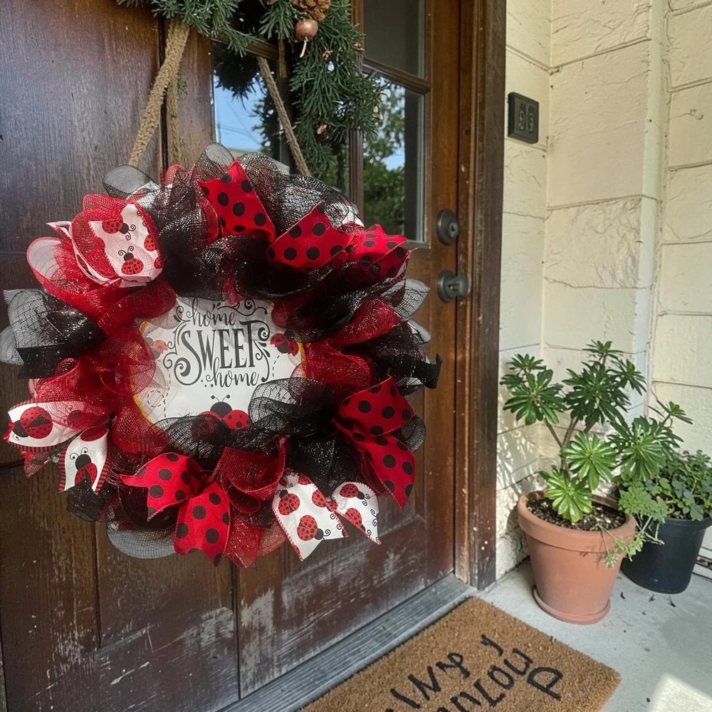 Handmade Ladybug Wreath: Vibrant Red Black Decor Welcome Friends